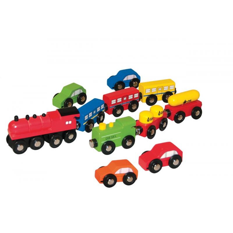 Set masinute si tren Woodyland din lemn cu 11 piese