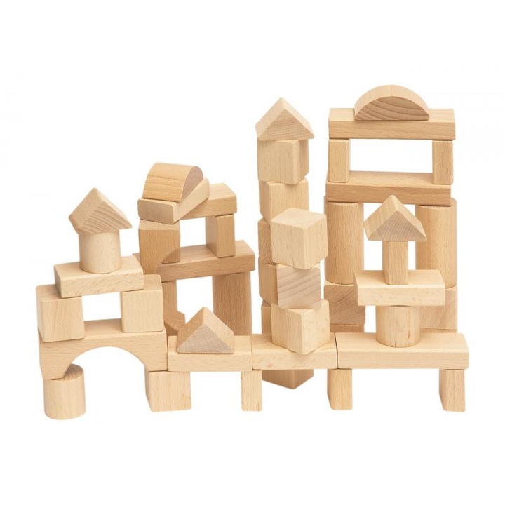 Cuburi din lemn natur Woodyland pentru construit 50 piese