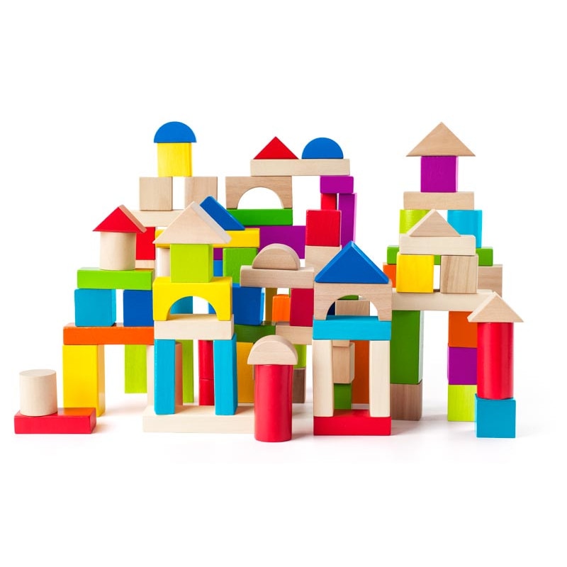 Cuburi de constructie colorate Woodyland din lemn 100 piese