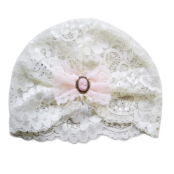 Turban botez T52NN din dantela cu camee roz, ivoire, 40 cm Turban botez T52NN din dantela cu camee roz, ivoire, 40 cm