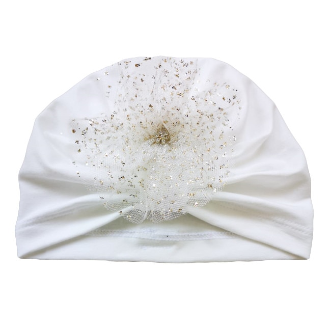 Turban botez T45NN cu floare din tulle cu glitter si strass, ecru, 42 cm