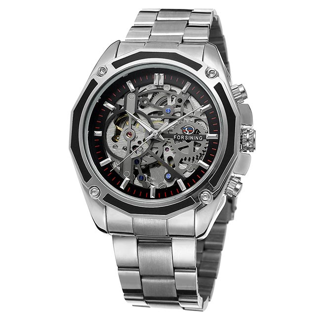 Ceas Unisex Automatic Forsining Casual Elegant Silver, CP9125SR, curea din metal (zale), afisaj analog