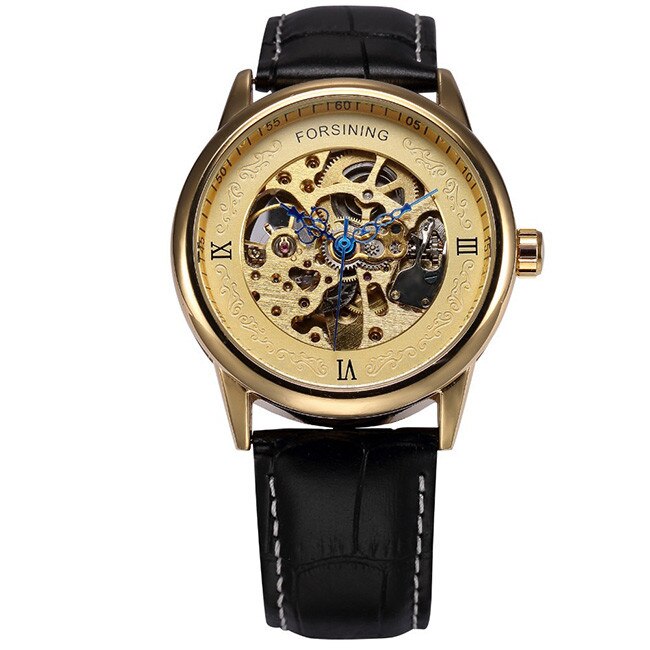 Ceas Unisex Automatic Forsining Casual Elegant Gold, CP9148GD, curea din piele, afisaj analog