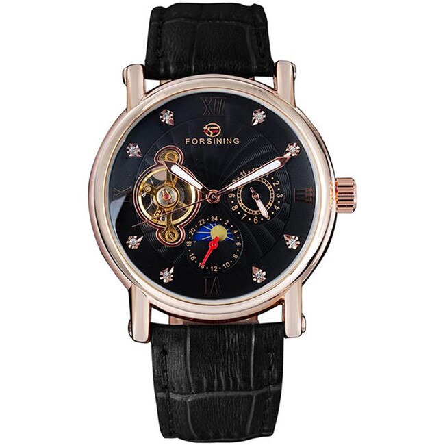 Ceas Unisex Automatic Forsining Casual Elegant Gold, CP9151GD, curea din piele, afisaj analog