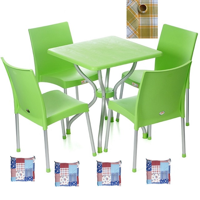 Set gradina,bistro,cafenea RAKI ALFA masa 70x70 4 scune ASOS culoare verde,perne scaun,fata de masa