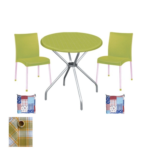 Set gradina,bistro,cafenea RAKI ALFA masa rotunda 80cm cu 2 scune ASOS culoare verde,perne scaun,fata de masa