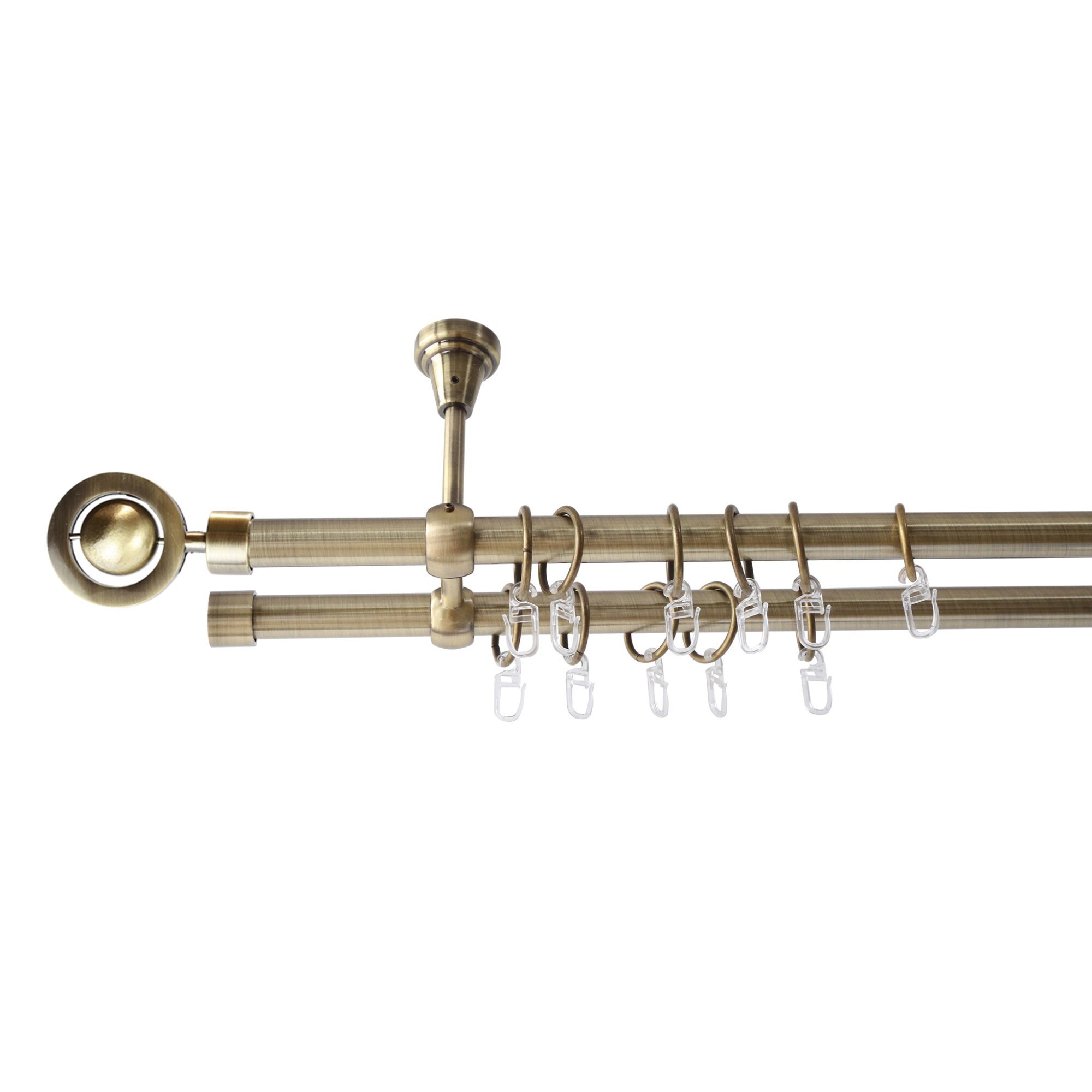 Galerie metalica 300cm pentru perdele cu prindere in tavan, dubla, model Seti, grosime 19 mm, auriu antic, KIT COMPLET