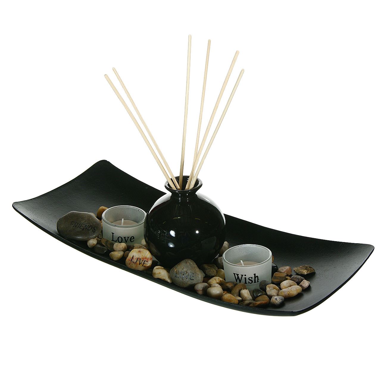 Baza ceramica neagra cu 2 pahare lumanari si bete aromate , DecorCasa , 40 x 17 cm