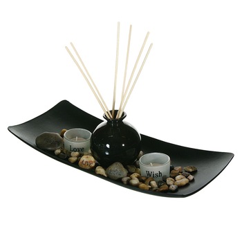 Baza ceramica neagra cu 2 pahare lumanari si bete aromate , DecorCasa , 40 x 17 cm Baza ceramica neagra cu 2 pahare lumanari si bete aromate , DecorCasa , 40 x 17 cm