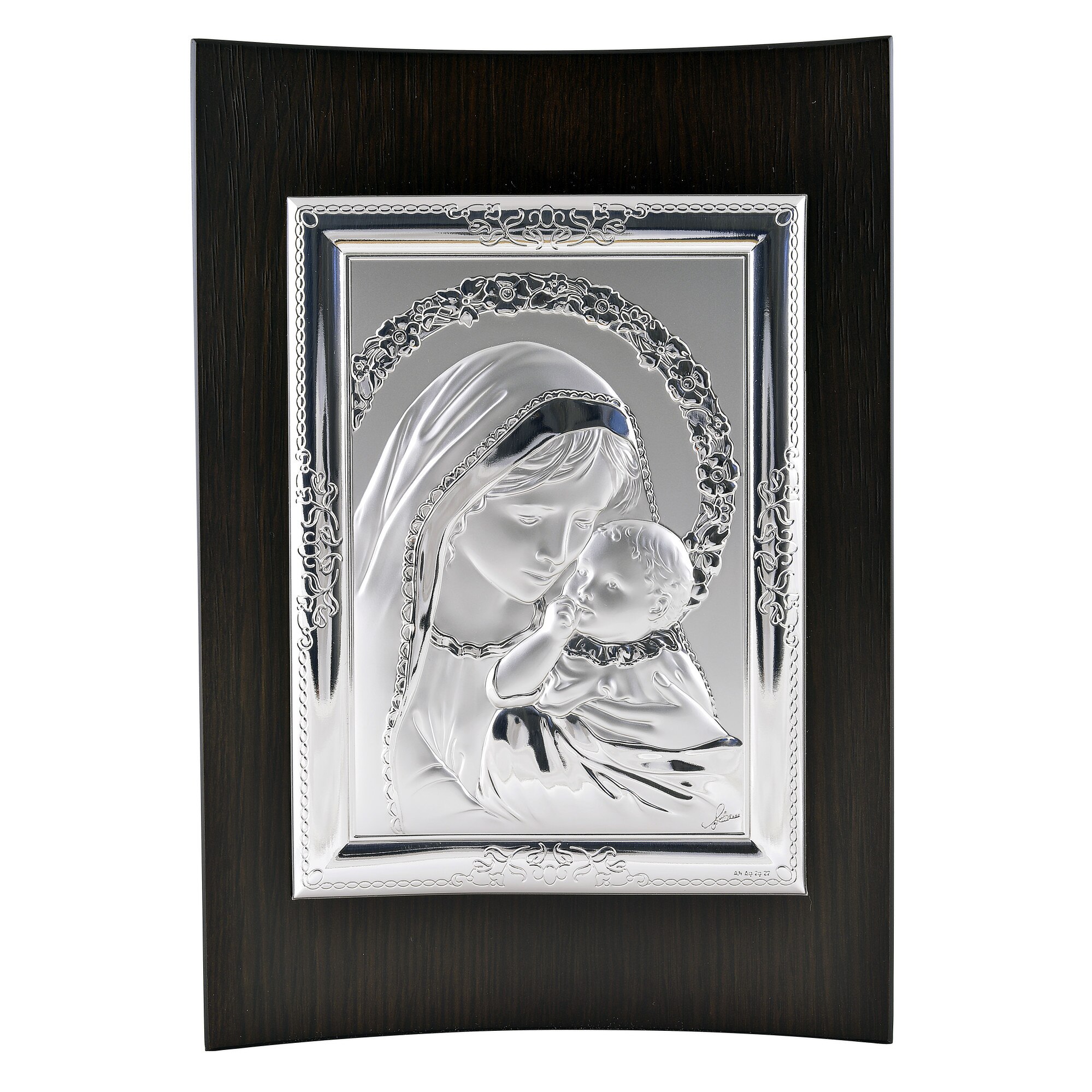 Icoana placata cu argint in lemn de mahon curbat - Fecioara si pruncul - Ghirlanda florala, Drept, 25x17 cm, 2/3