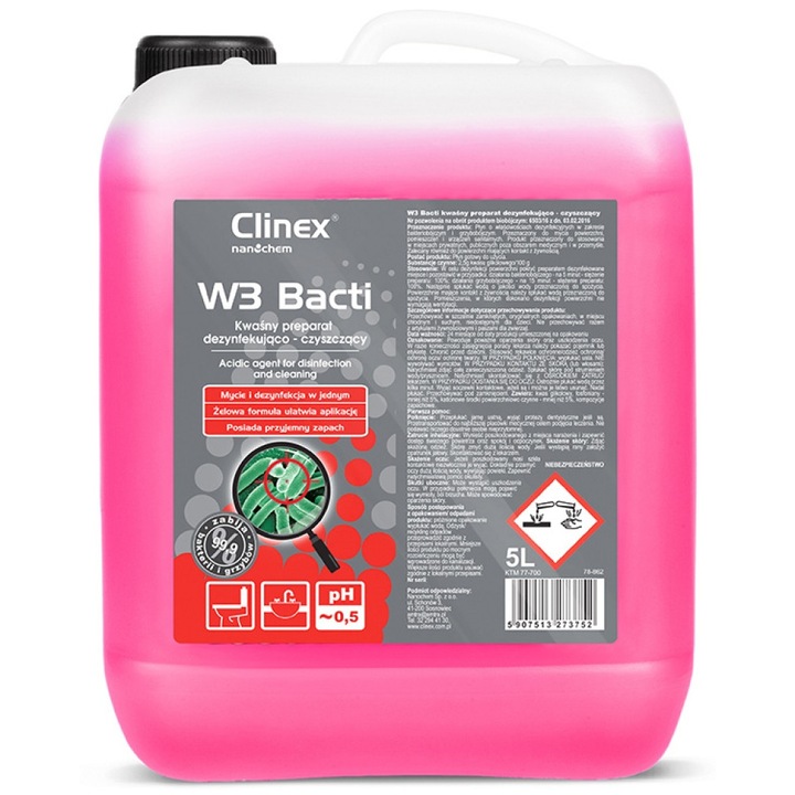 Clinex W3 Bacti savas szaniter fertőtlenítő és tisztítószer PH0,5, 5 l
