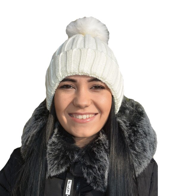 Caciula fashion de toamna-iarna, alba, cu pompon din blanita,alb, D&J Exclussive