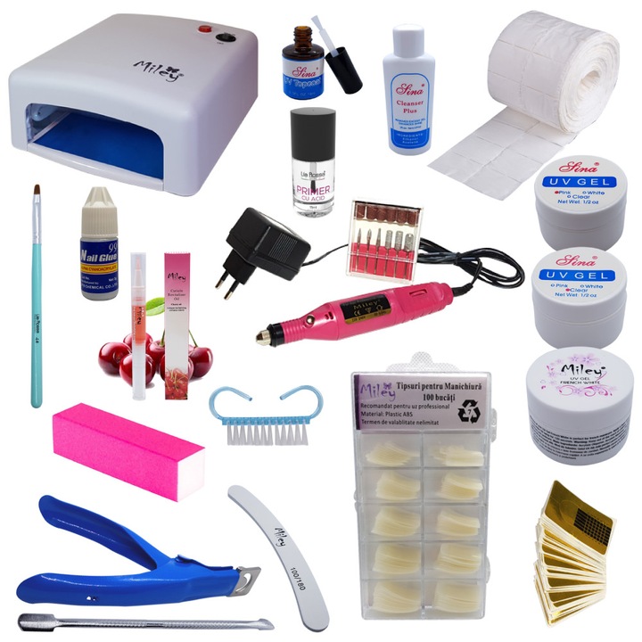 UV Gel Kit - накрайници, Sina UV гел, четка за нанасяне на гел, UV лампа