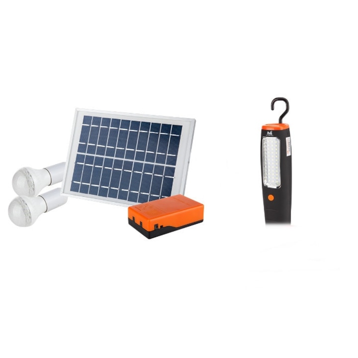 Kit iluminare led incarcare solara si 2 becuri 5w + laterna suport magnetic 43 leduri