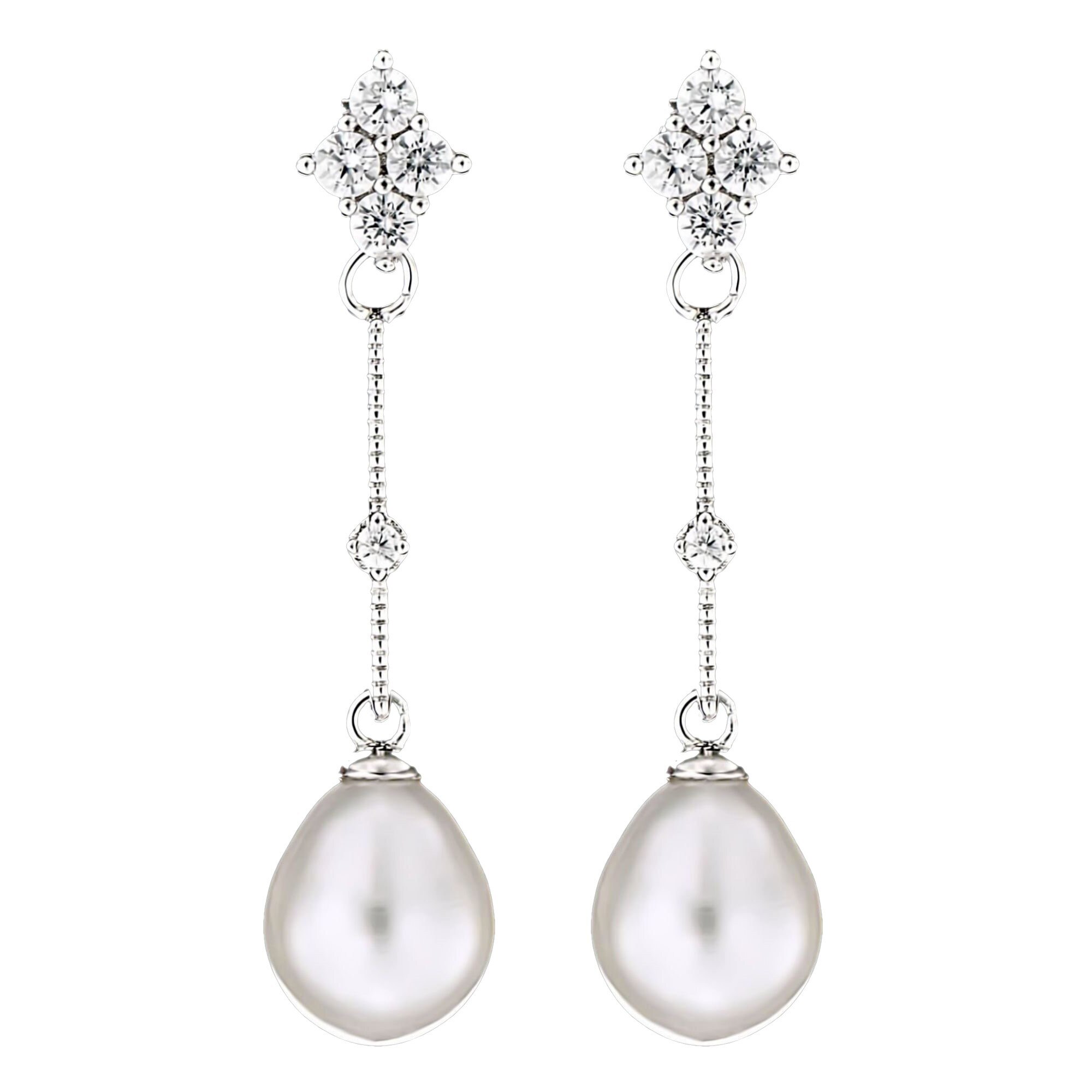 Cercei din Argint 925 cu Perle Naturale si Diamante, Bianca