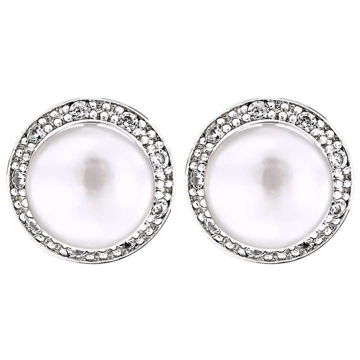 Cercei din Argint 925 cu Perle Naturale si Diamante, Cristina Classic White