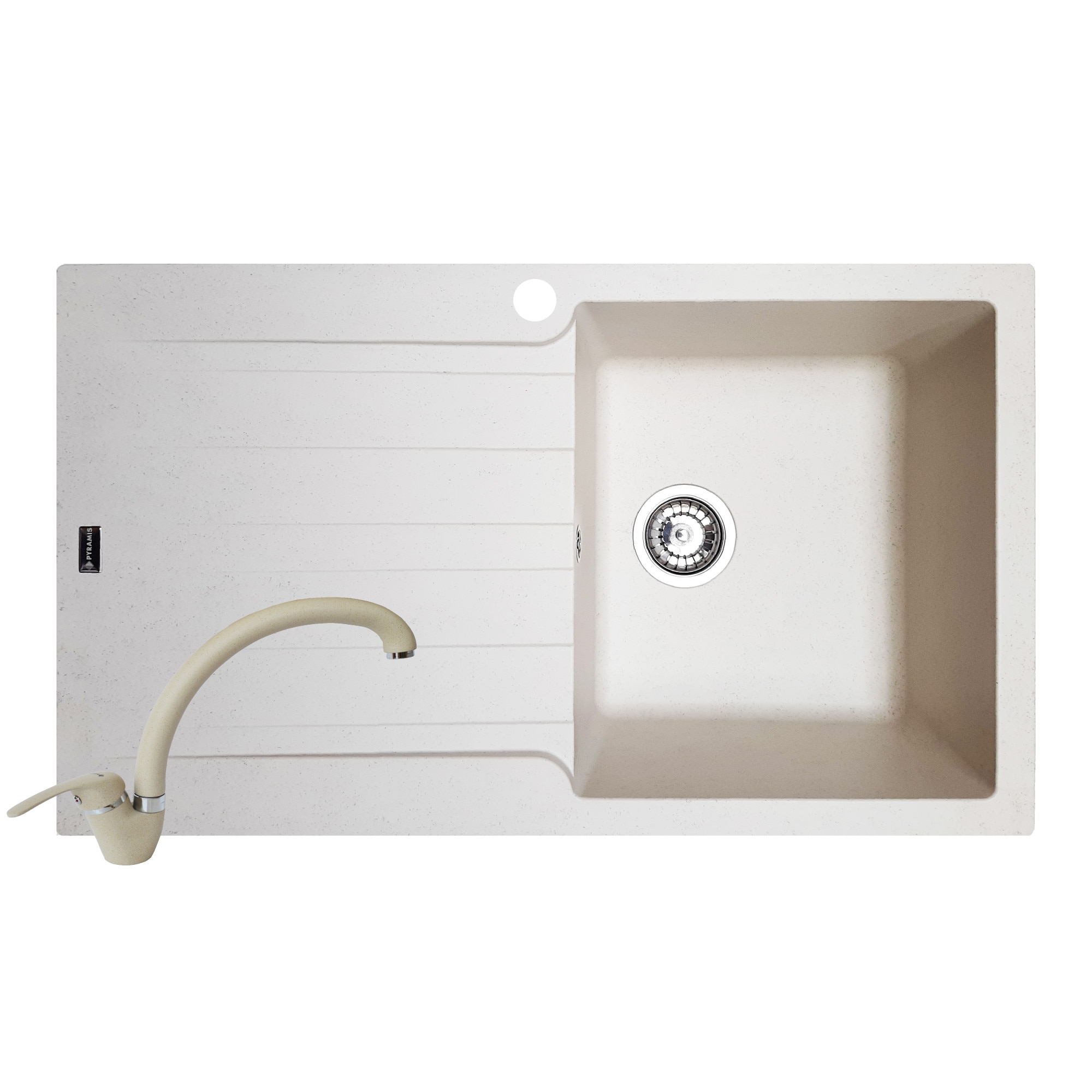 Pachet chiuveta Pyramis SIERRA Durothek + baterie inalta, 860x500mm, adancime 210mm, cuva dreapta, montare pe blat, soft compozit bej