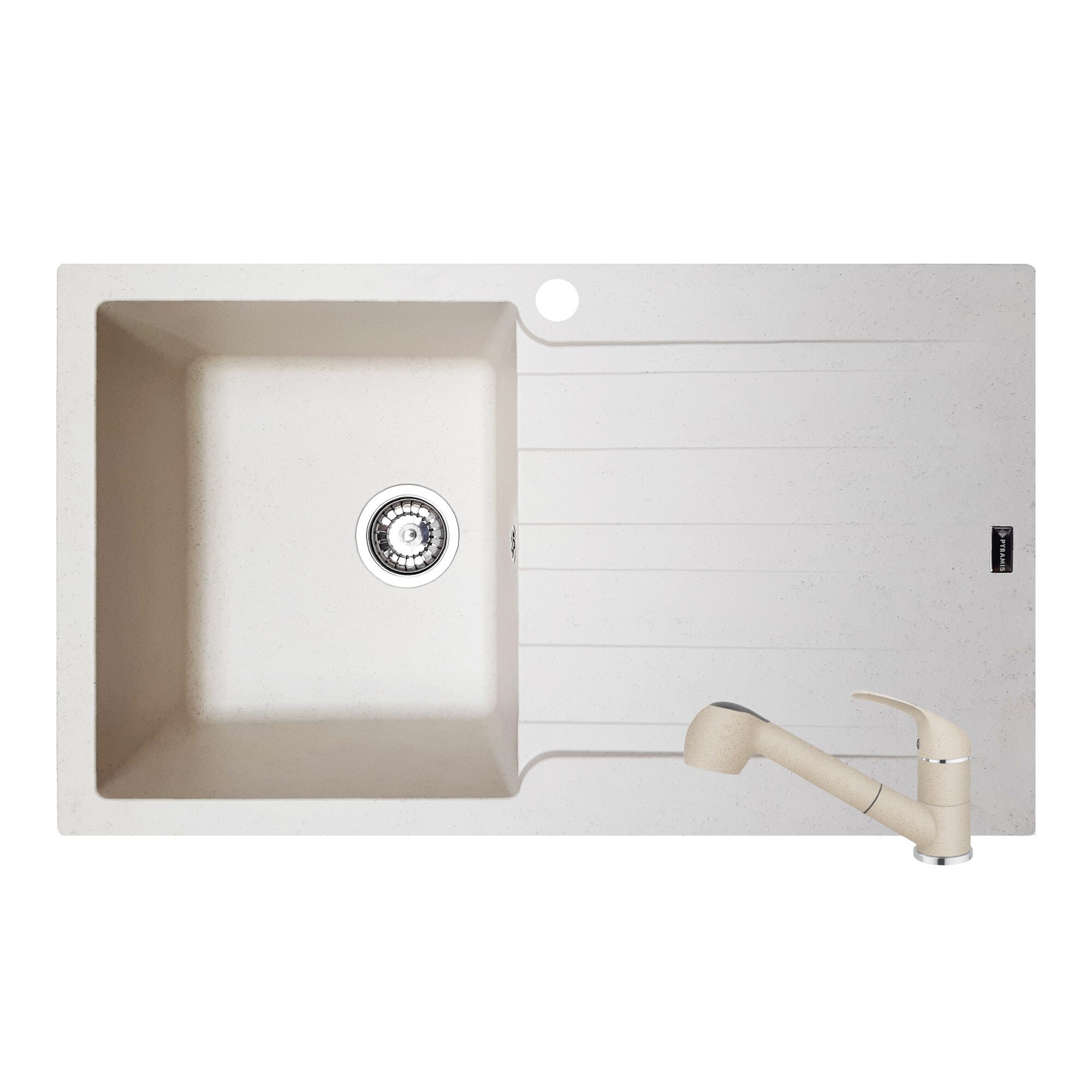 Pachet chiuveta Pyramis SIERRA Durothek + baterie extractabila, 860x500mm, adancime 210mm, cuva stanga, montare pe blat, soft compozit bej