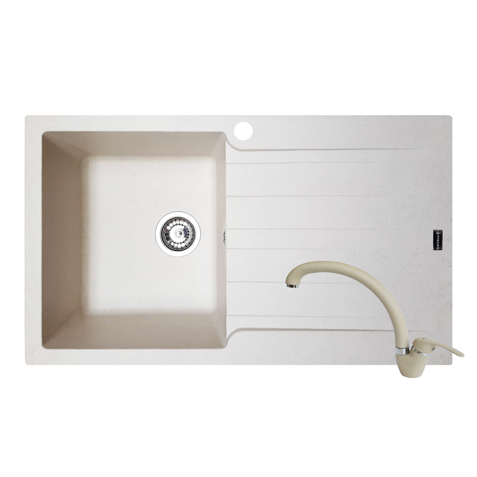 Pachet chiuveta Pyramis SIERRA Durothek + baterie inalta, 860x500mm, adancime 210mm, cuva stanga, montare pe blat, soft compozit bej