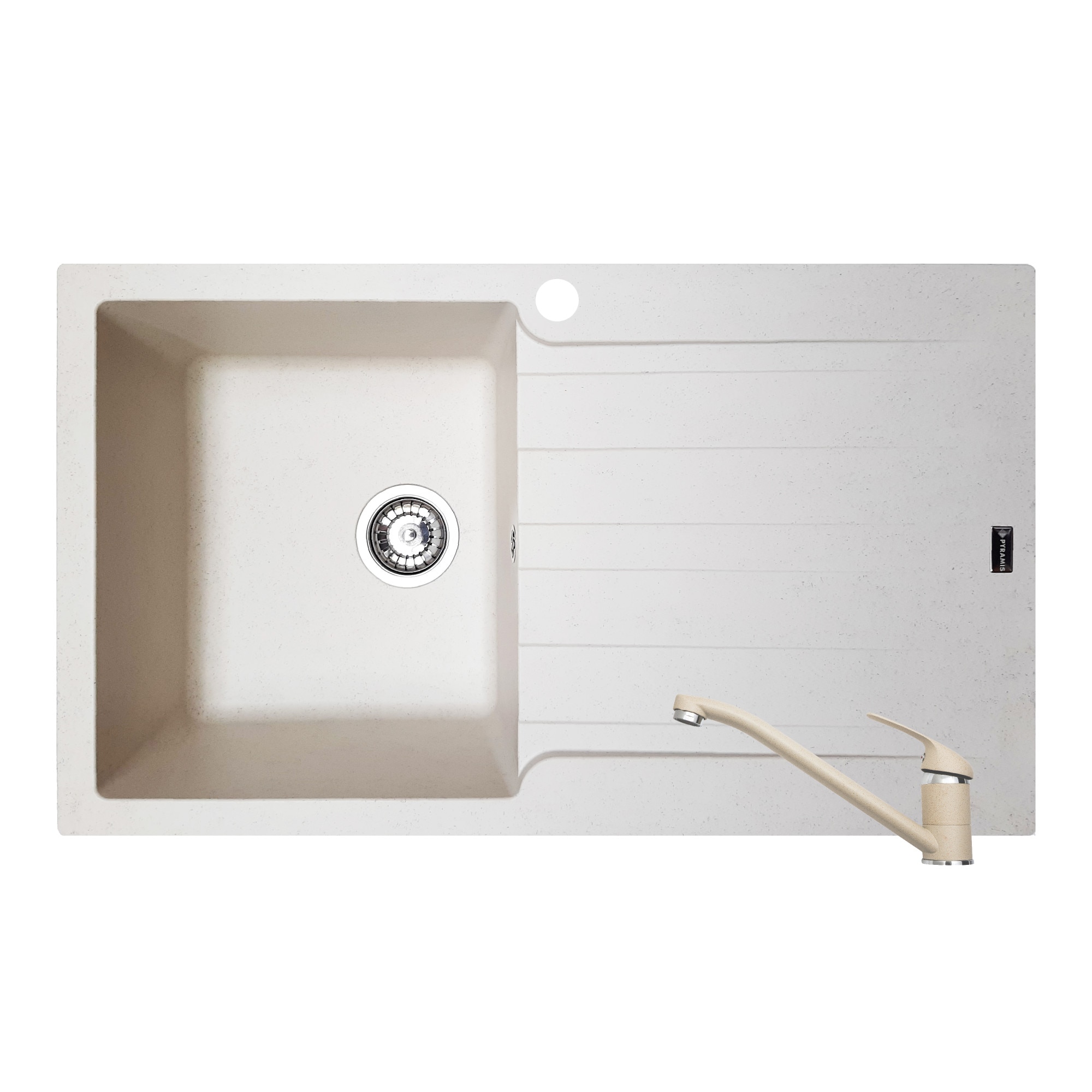 Pachet chiuveta Pyramis SIERRA Durothek + baterie, 860x500mm, adancime 210mm, cuva stanga, montare pe blat, soft compozit bej