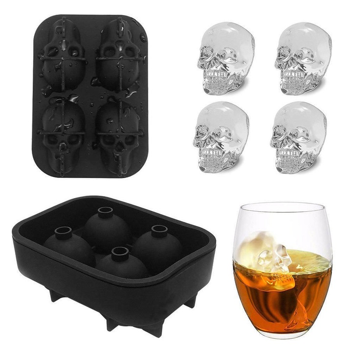 Forma pentru cuburi de gheata craniu, silicon, negru, Gonga