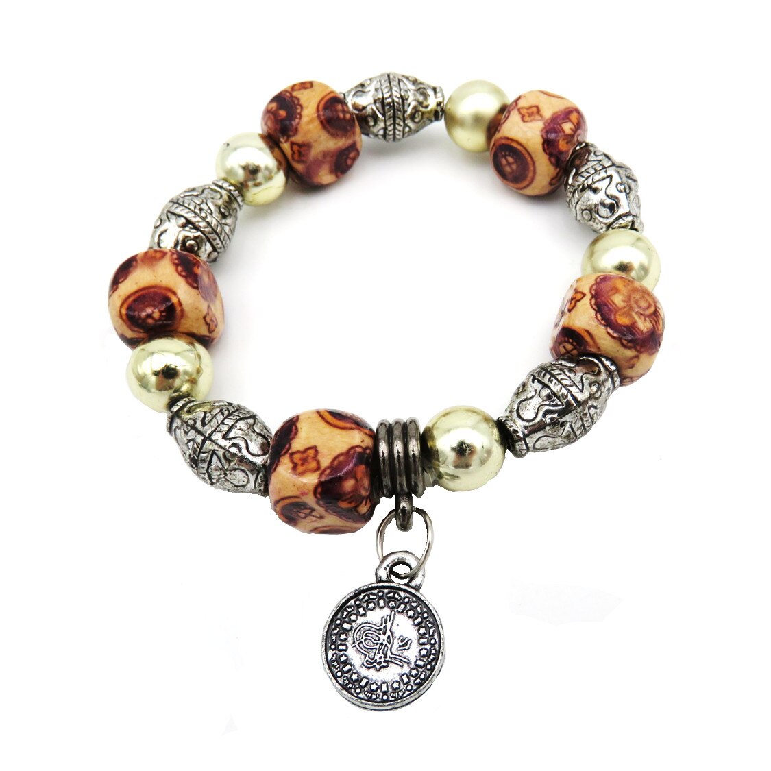 Bratara cu margele din lemn,maro/argintiu