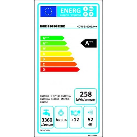 Masina de spalat vase incorporabila Heinner HDW-BI6006A++, 12 seturi, 6 programe, Clasa A++, Control electronic, Display LED, 60 cm