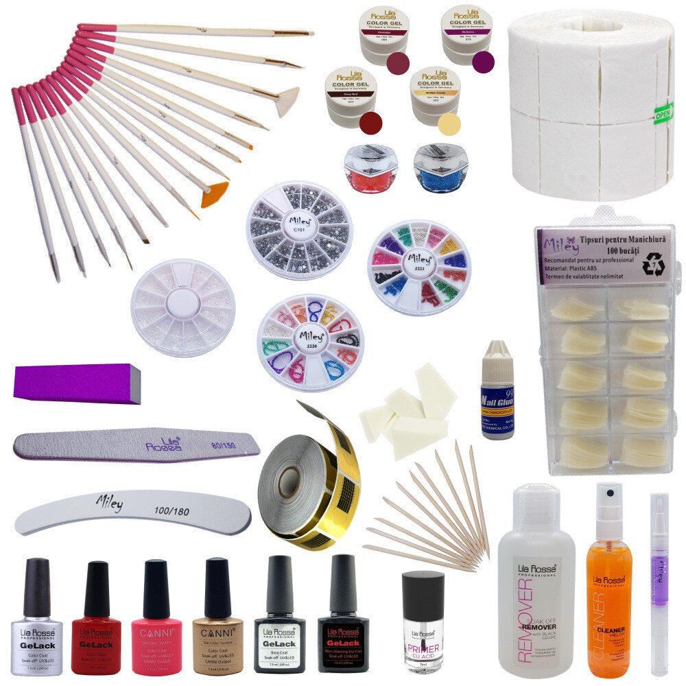 Kit gel UV Lila Rossa si Oja Semi Canni, decoratiuni Nail Art, accesorii