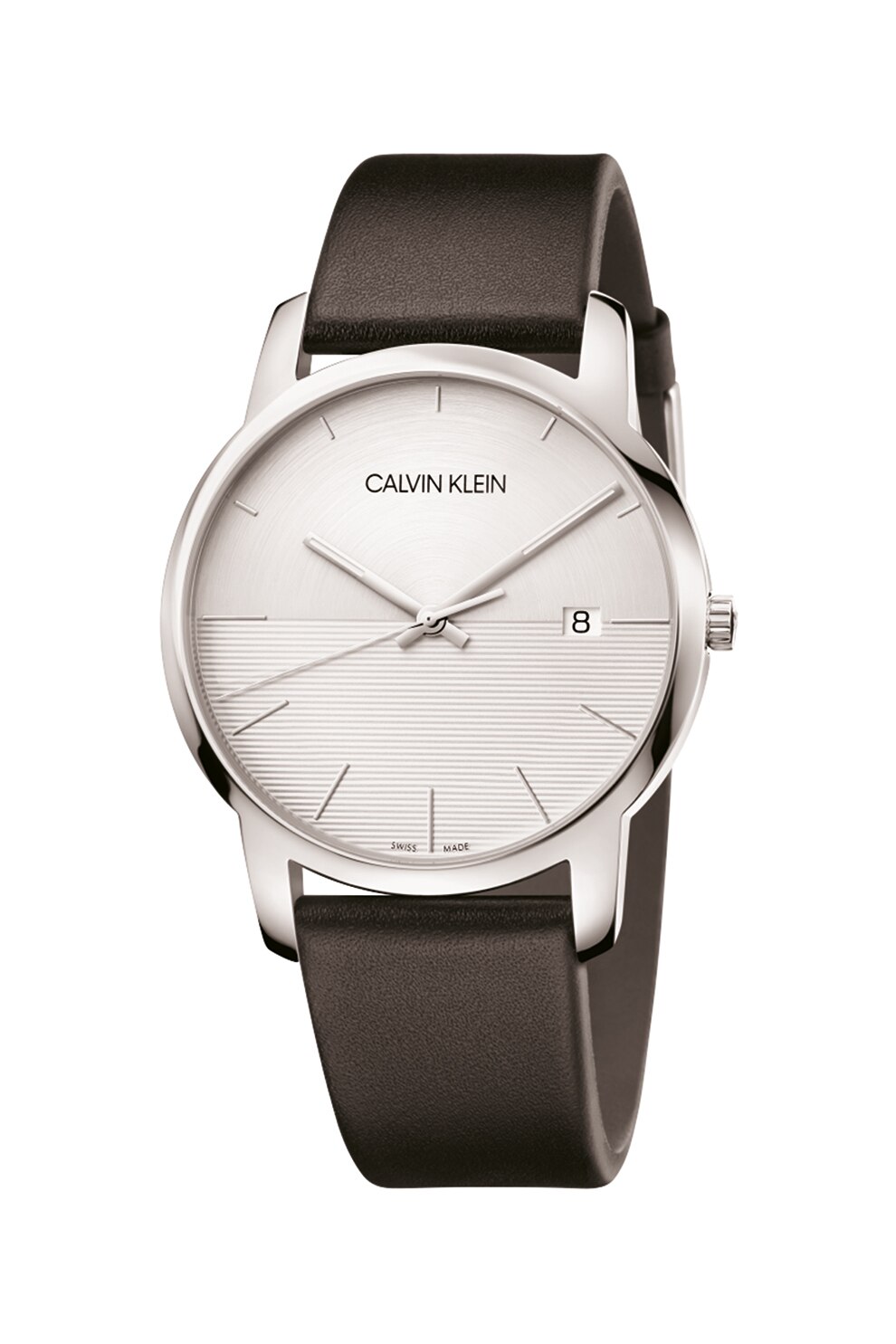 Calvin Klein, Ceas rotund cu o curea de piele, Negru/Alb