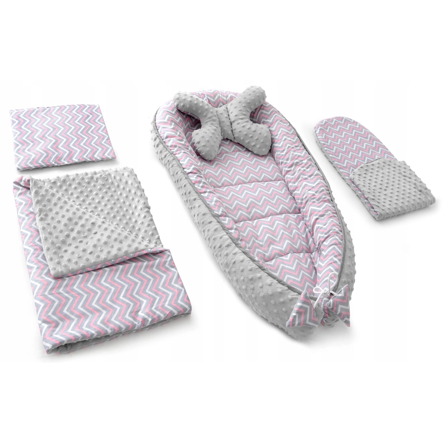 Set patut portabil, baby nest, cuib pentru bebelusi, 2 perne, saltea si paturica, Gri-Roz, Ego