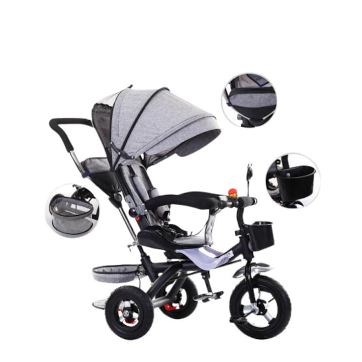 Многофункционална триколка KIDO Smart, сив цвят, обръщаща се седалка, с облегалка, за деца от 8 месеца до 4 години, кошница за пазаруване, чанта, звънец