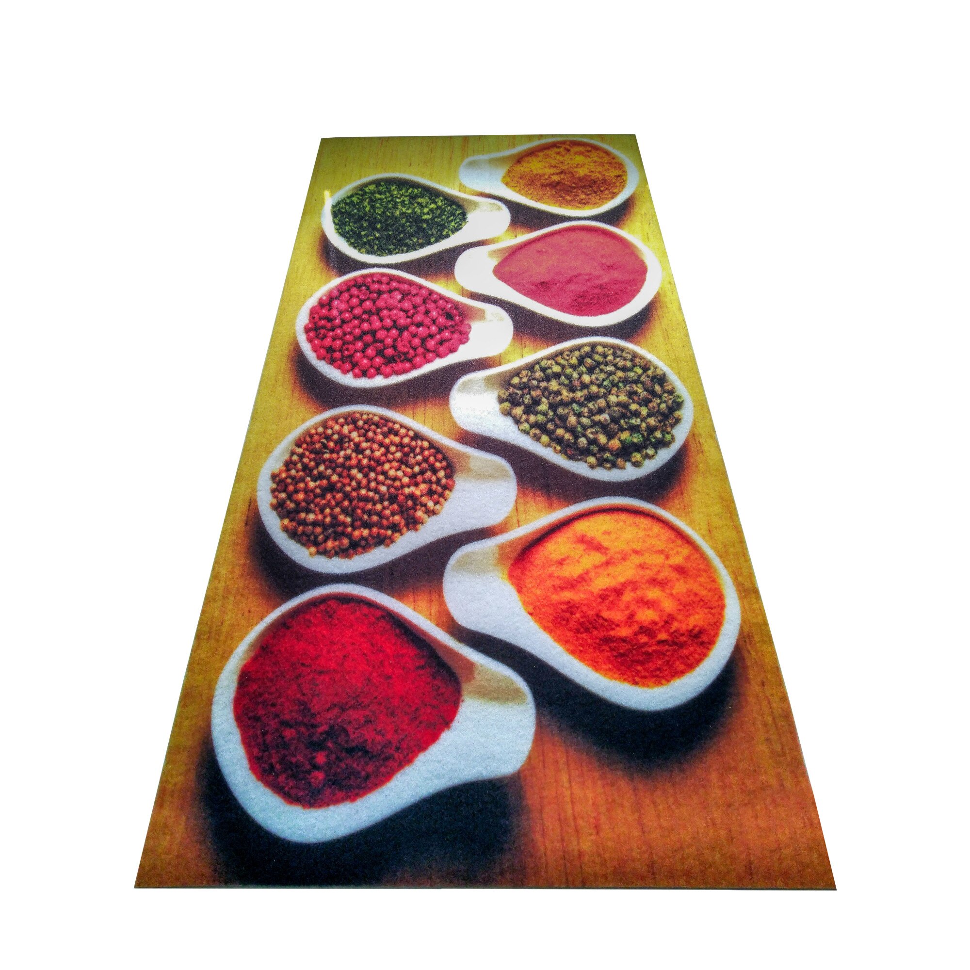 Covor bucatarie Brill Simo , 65x135 cm , grosime 2.5 mm, tip printed, poliester, aspect lucios, lavabil, antiderapant, gramaj 750g/mp , model condimente mici