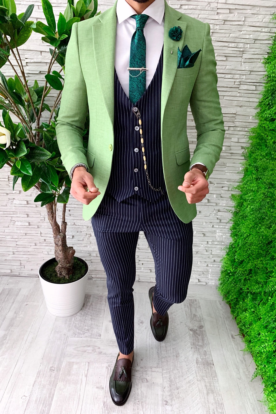 Mentality Secretary language Costum verde, office, sacou, pantaloni si vesta in dungi, elegant, pentru  barbati, slim fit, L - eMAG.ro