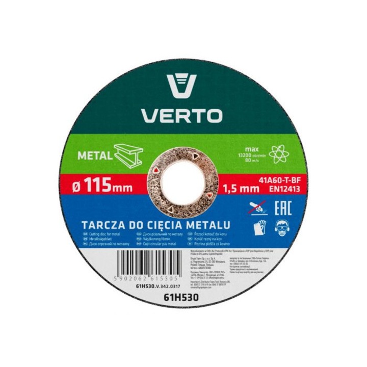 Disc de taiere pentru metal, 115x22.2mm, 61H530, Verto