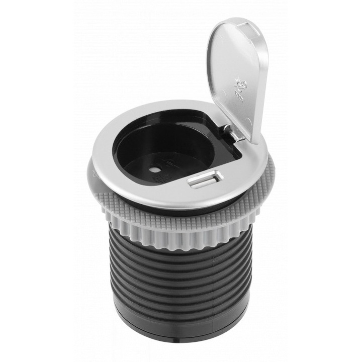 Priza incastrabila in blat, 1 priza schuko + 1 USB 5V 2.4A, cablu 1.9m, negru + aluminiu, GTV