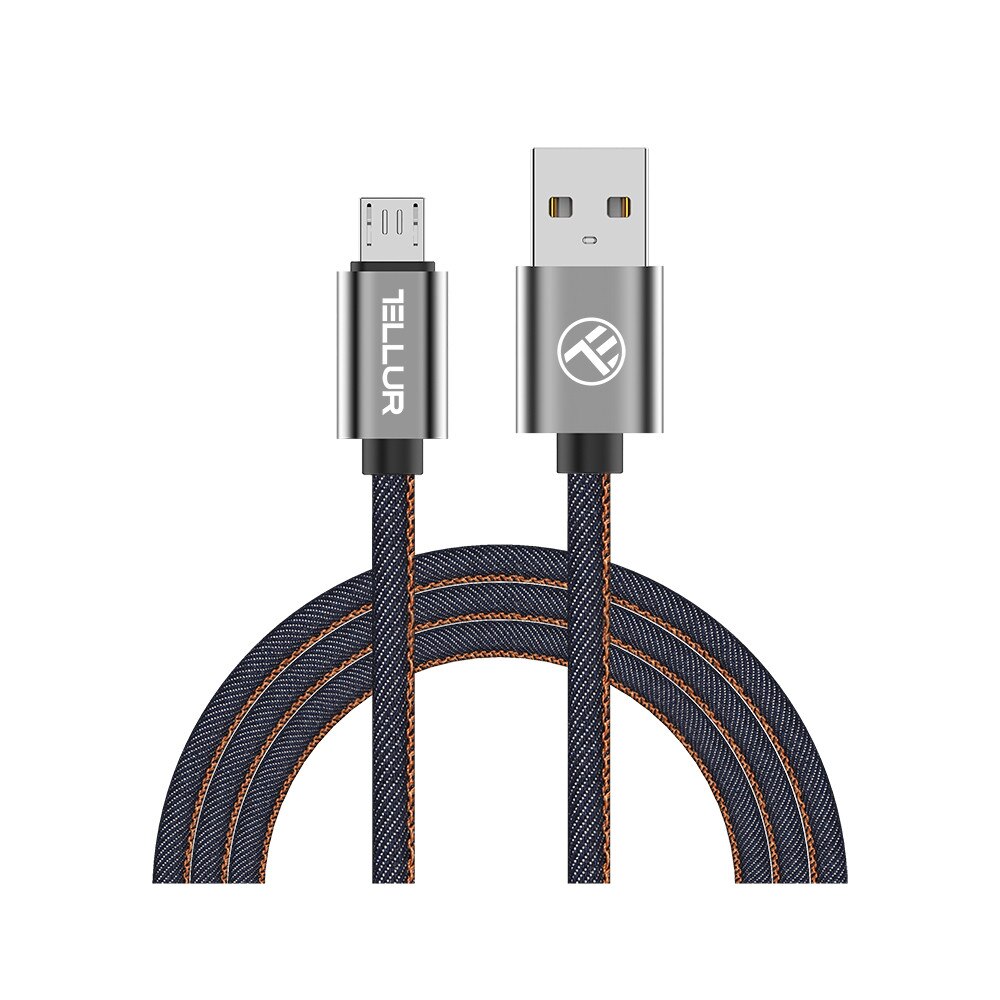 Cablu de date si incarcare EVO Tellur cu mufa microUSB, panzat, albastru denim, 1m