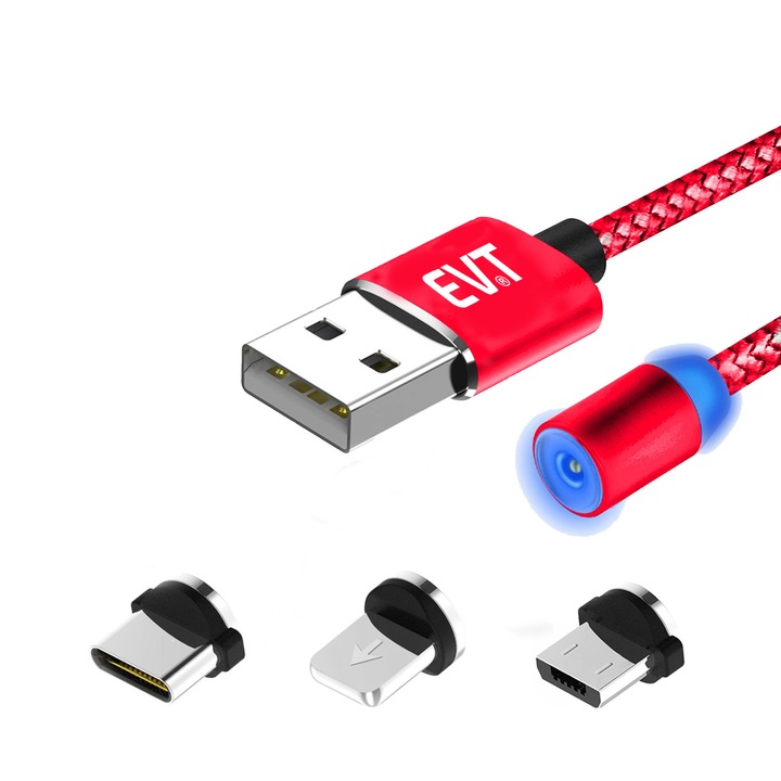 Cablu de incarcare EVTrend® PREMIUM MAGNETIC, 3 in 1, USB-C, Micro-USB, compatibil cu Apple, conectori metalici din aluminiu, invelis protector din nylon composit impletit, USB, 5V, 2A, 1m, LED, ROSU
