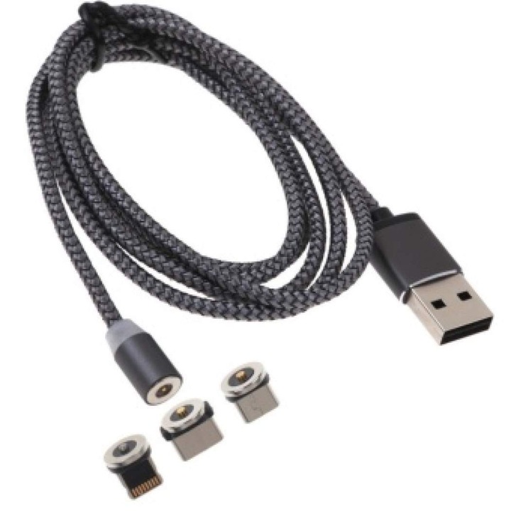 PREMIUM MAGNETIC кабел за зареждане, 3 в 1 USB-C, Micro-USB, Lightning, алуминиеви метални конектори, плетен композитен найлонов защитен капак, USB, USB-C, Micro-USB, Lightning, 5V, 2A, 1m, LED, СИВ