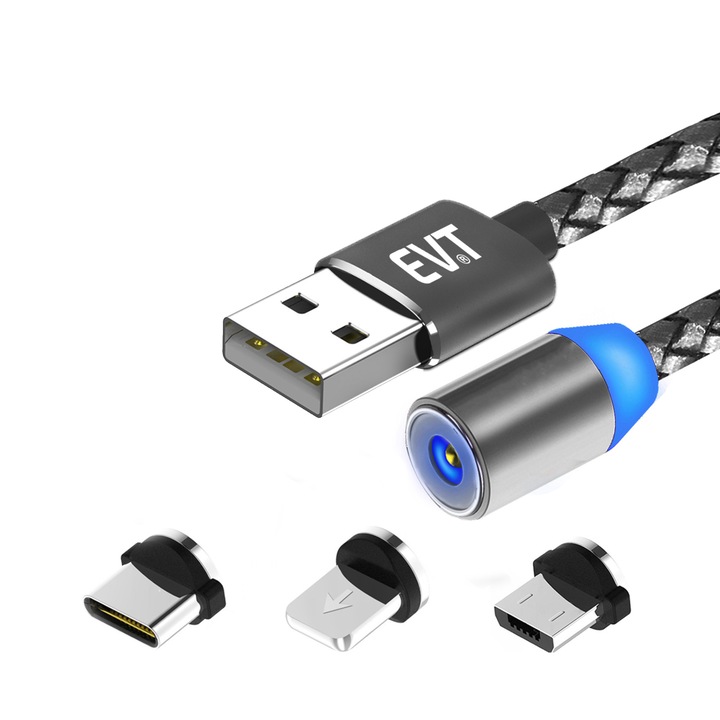 EVTrend® PREMIUM MAGNETIC кабел за зареждане, 3 в 1 USB-C, Micro-USB, Apple съвместим, алуминиеви метални конектори, плетен композитен найлонов защитен капак, USB, USB-C, Micro-USB, Apple съвместим, 5V, 2A, 1m, LED, СИВ