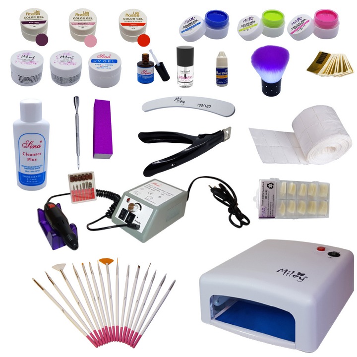 Kit Gel UV, 3 gel UV Lila Rossa Color, 3 Gel UV Miley Color, set pensule Nail Art