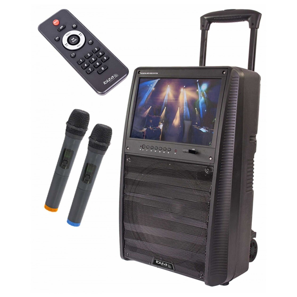 Boxa activa portabila Ibiza cu ecran TFT de 38 cm, difuzor 30 cm 2 microfoane UHF redare MP5 USB/SD/BT/UHF PORT-TFT12