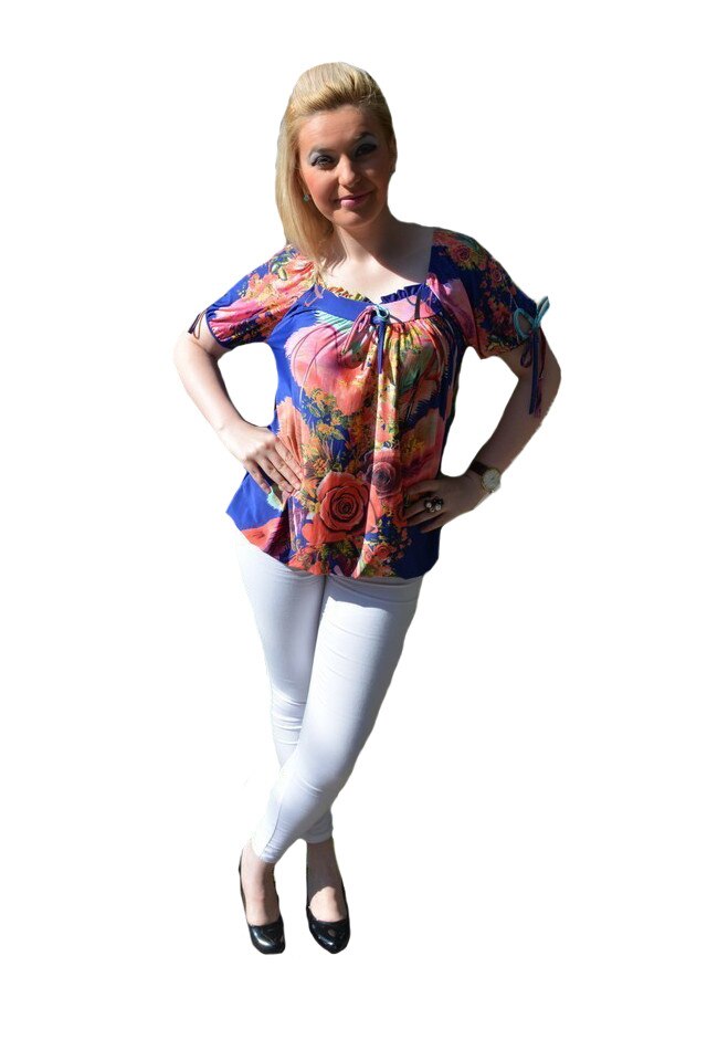 Bluza moderna, cu maneca scurta, bleumarin, model floral colorat,D&J Exclussive, Albastru marin
