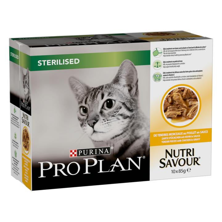 Hrana umeda pentru pisici Pro Plan Sterilised Nutrisavour, Pui in Sos, 10x85g