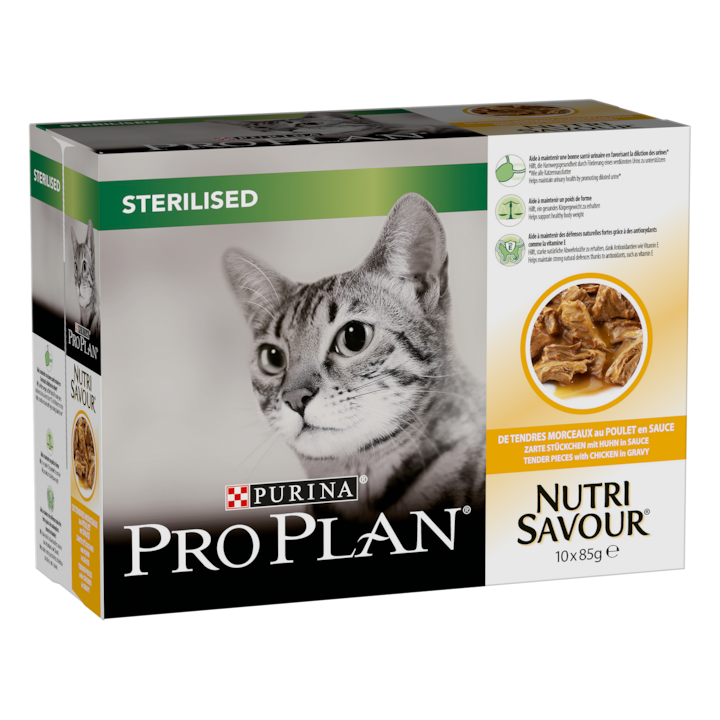 Hrana umeda pentru pisici Pro Plan Sterilised Nutrisavour, Pui in Sos, 10x85g