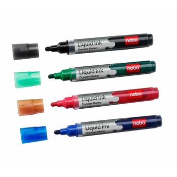 Marker NOBO cu cerneala lichida, culori asortate, 4 buc/set Marker NOBO cu cerneala lichida, culori asortate, 4 buc/set