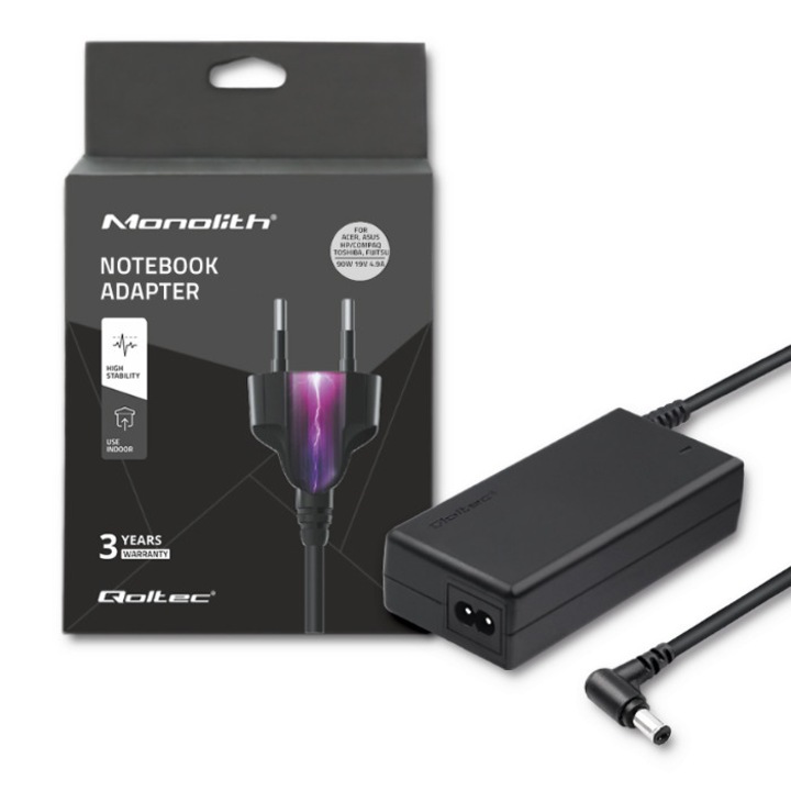 Alimentator Laptop Universal Qoltec 50074 de Retea 90W, 19V, 4.9A, Conector 5.5x2.5mm, cu Protectii Multiple, Cablu de Alimentare Inclus, Negru, Compatibil cu Asus, Acer, HP, Fujitsu, Toshiba, Eficienta Energetica Ridicata