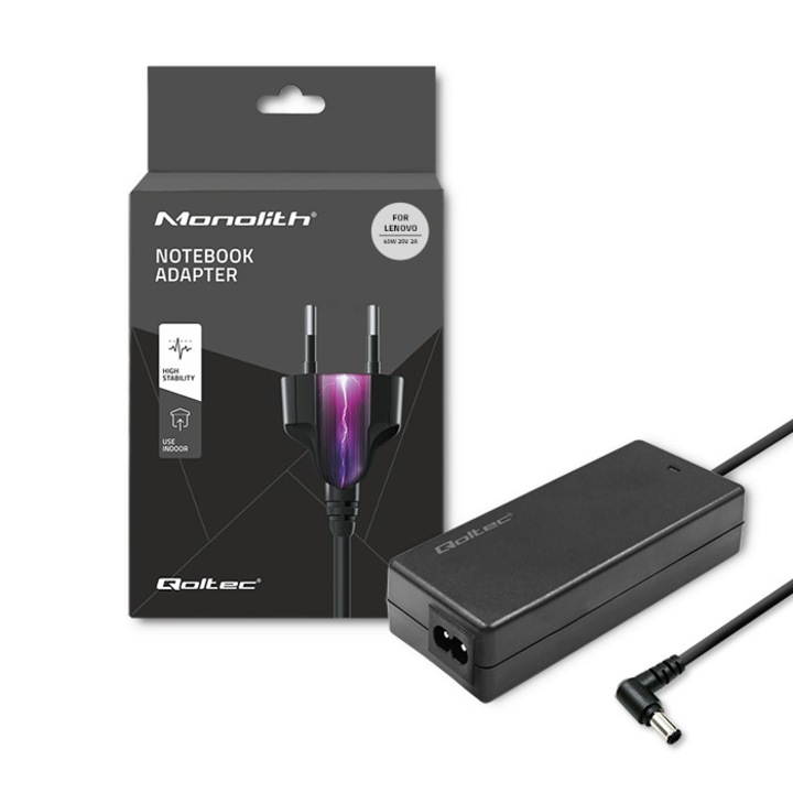 Incarcator Laptop Qoltec 50056 Compatibil Lenovo, Adaptor Alimentare Retea 40W, Tensiune Iesire 20V, Curent 2A, Conector 5.5x2.5mm, Cu Cablu Alimentare Inclus, Negru, Pentru Siguranta si Performanta Maxima
