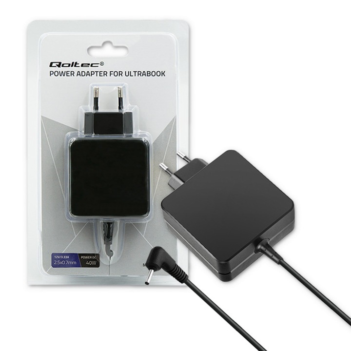 Incarcator Adaptor Alimentare Qoltec 40W pentru Ultrabook Samsung, 12V 3.33A, conector 2.5x0.7mm, cu cablu detasabil si Velcro pentru organizare. Performanta, siguranta, portabilitate, negru