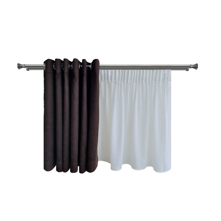 Set complet pentru fereastra Galerie Prince 19/19 - 140 cm - inox + Perdea 1008-V03 crem L 280 cm H 210 cm + Draperie Kadife V13 - inele capse inox - L 250 cm - H 210 cm