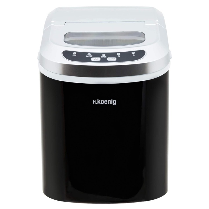 Masina de facut cuburi de gheata H.Koenig KB12, capacitate 12kg gheata, 2 marimi cuburi de gheata, indicator nivel apa, ecran LED, silentios, carcasa din inox, capac transparent, negru